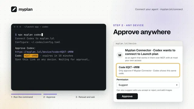 Connect your agent in three steps: run the command, approve in any browser, ask it to list your workspaces